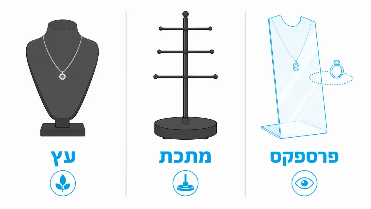 ההבדל בין מעמדי פרספקס, מתכת ועץ לתצוגת תכשיטים