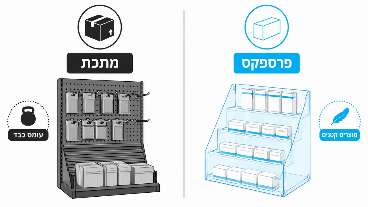 השוואה בין מתקני תצוגה מפרספקס למתקני מתכת