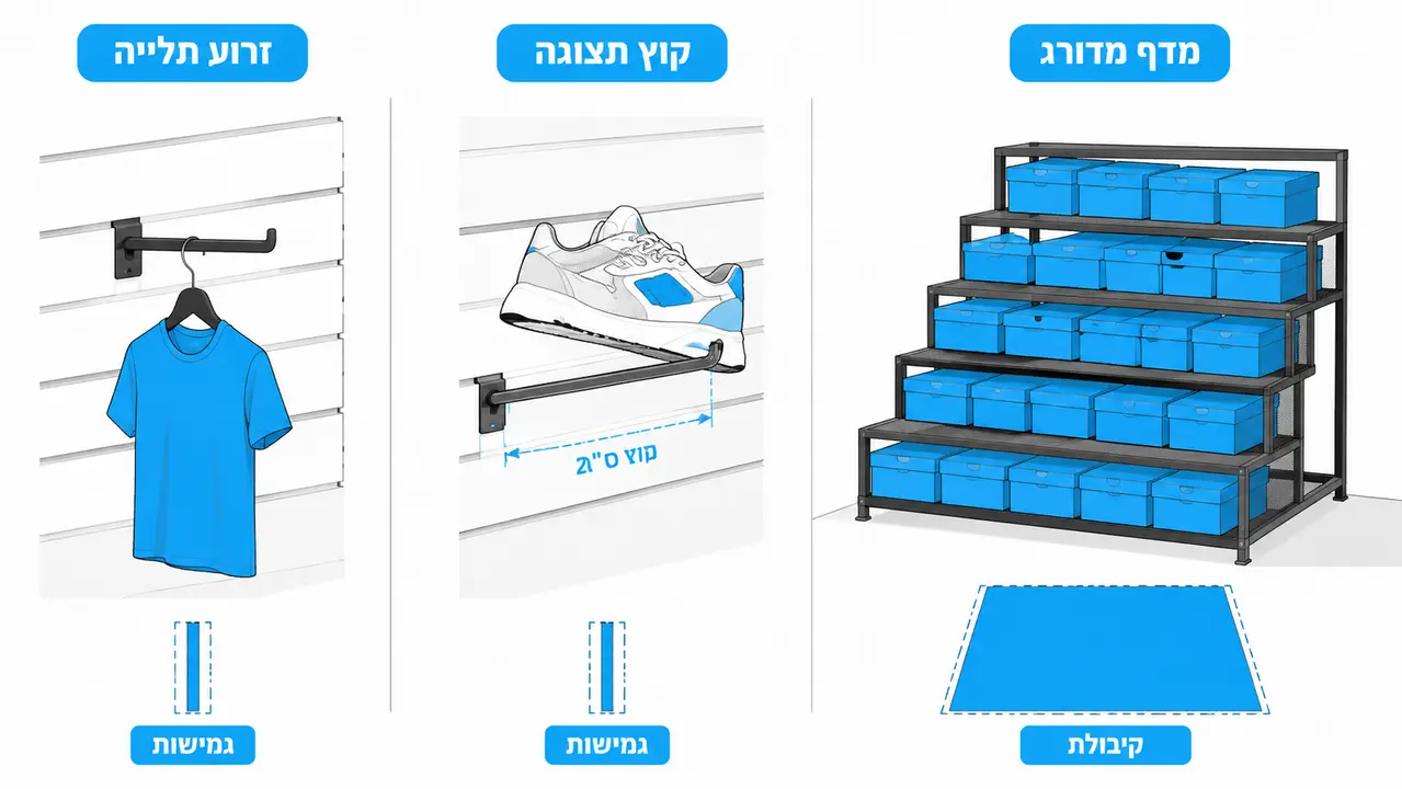 ההבדל בין מדף תצוגה, זרוע תלייה ומדף מדורג