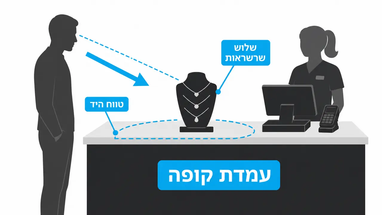 בובת תצוגה קטנה עם שרשראות ממוקמת ליד עמדת הקופה