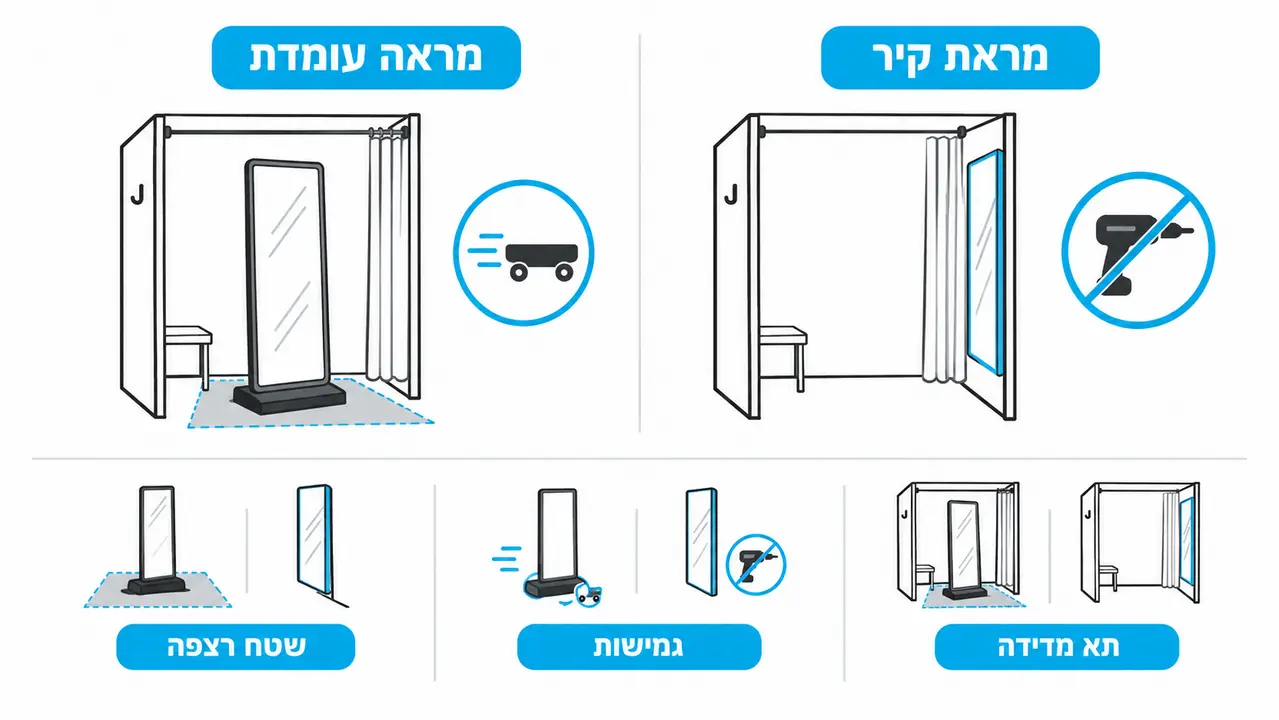 טבלת השוואה בין מראת קיר למראה עומדת לתאי מדידה