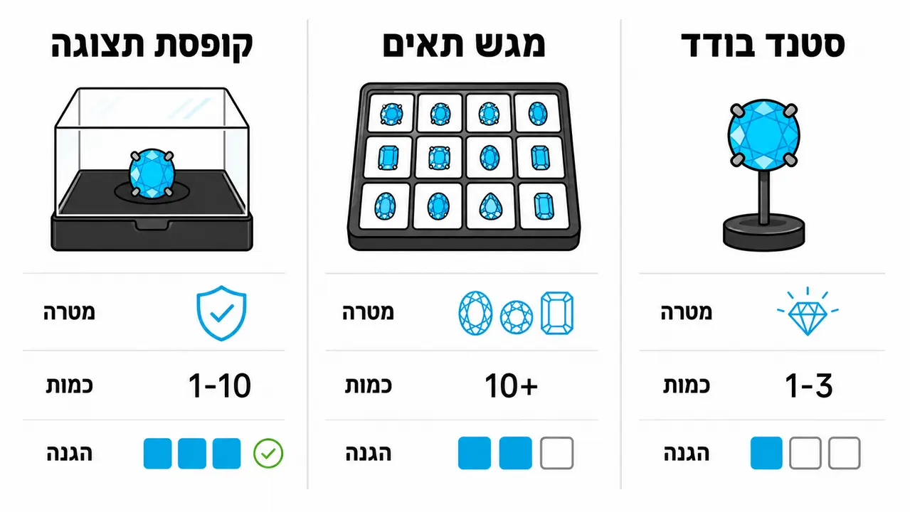 טבלת השוואה בין סטנד בודד, מגש תאים וקופסת תצוגה
