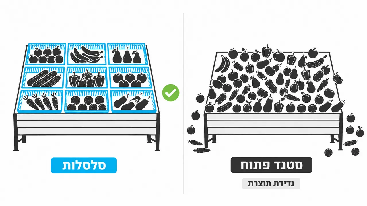 סטנד פירות פתוח מול תצוגה בסלסלות