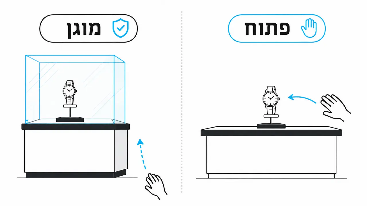 תצוגה פתוחה או מוגנת לשעונים לפי המיקום בחנות
