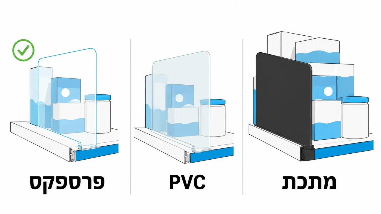 השוואה בין מפרידי מדף מפרספקס, PVC ומתכת