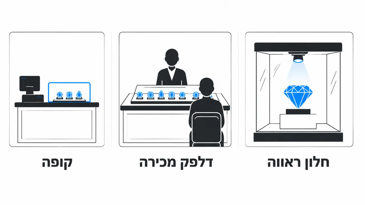 מיקום סטנד אבני חן בחלון הראווה, בדלפק ובקופה