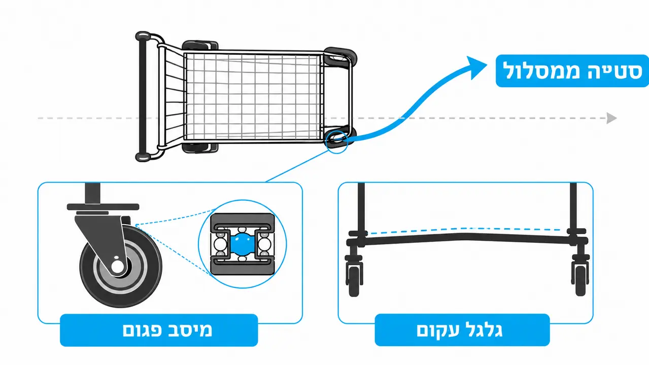 עגלת קניות שנוטה לצד אחד בגלל גלגל פגום