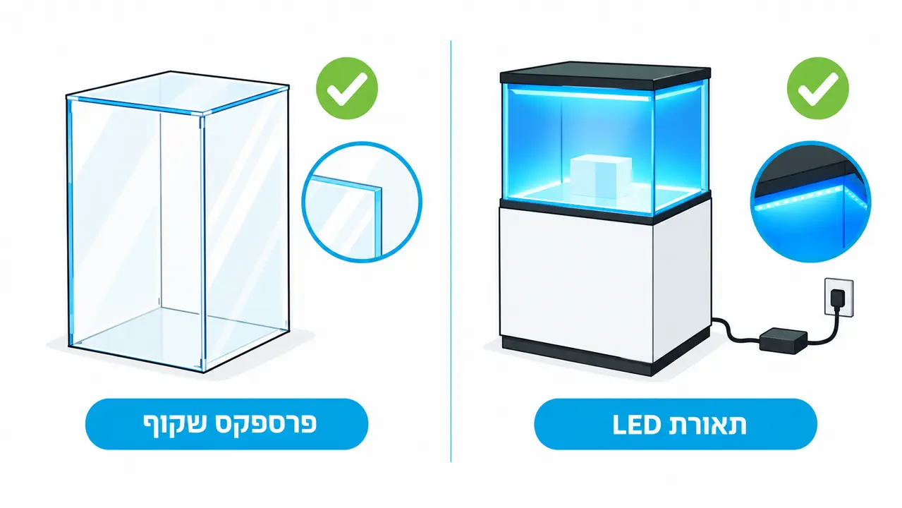 מעמד פרספקס שקוף מול מתקן תצוגה מואר פנימי